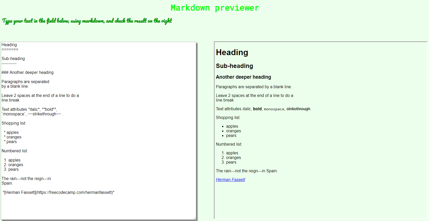 Screen shot of a page with a field to translate markdown in html